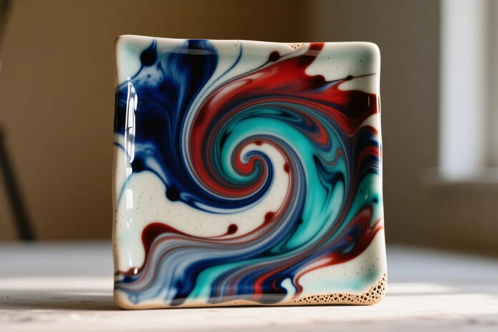 Swirling vivid alcohol ink patterns on a smooth ceramic tile