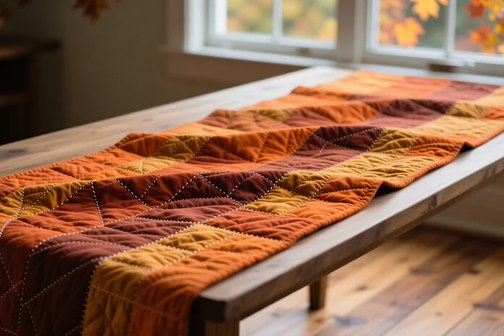 A basket of warm toned fabrics beside a sewing machine on a first cool afternoon