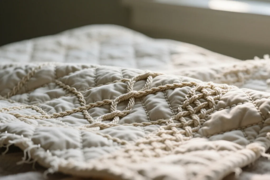 Hand-tied knots across the surface of a small pastel quilt