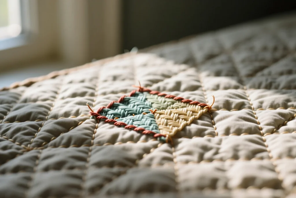 A folded handmade quilt resting on a bench in soft daylight