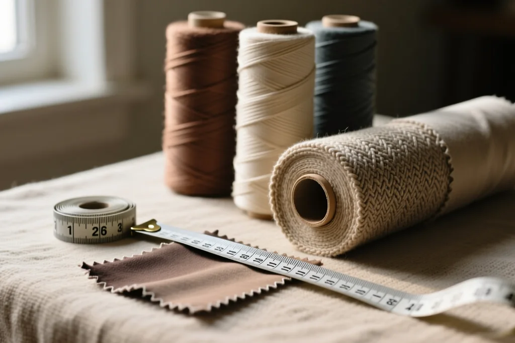 Folded quilting fabrics arranged in a palette on a cutting table