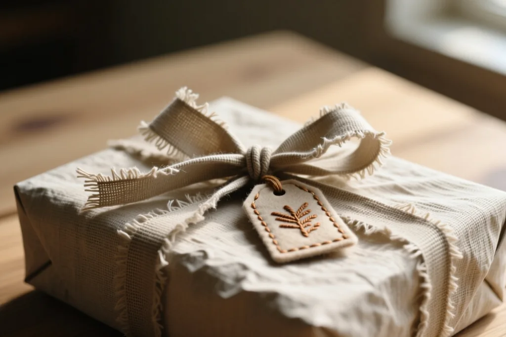 Folded festive fabrics, ribbon and a small pile of finished ornaments on a work table