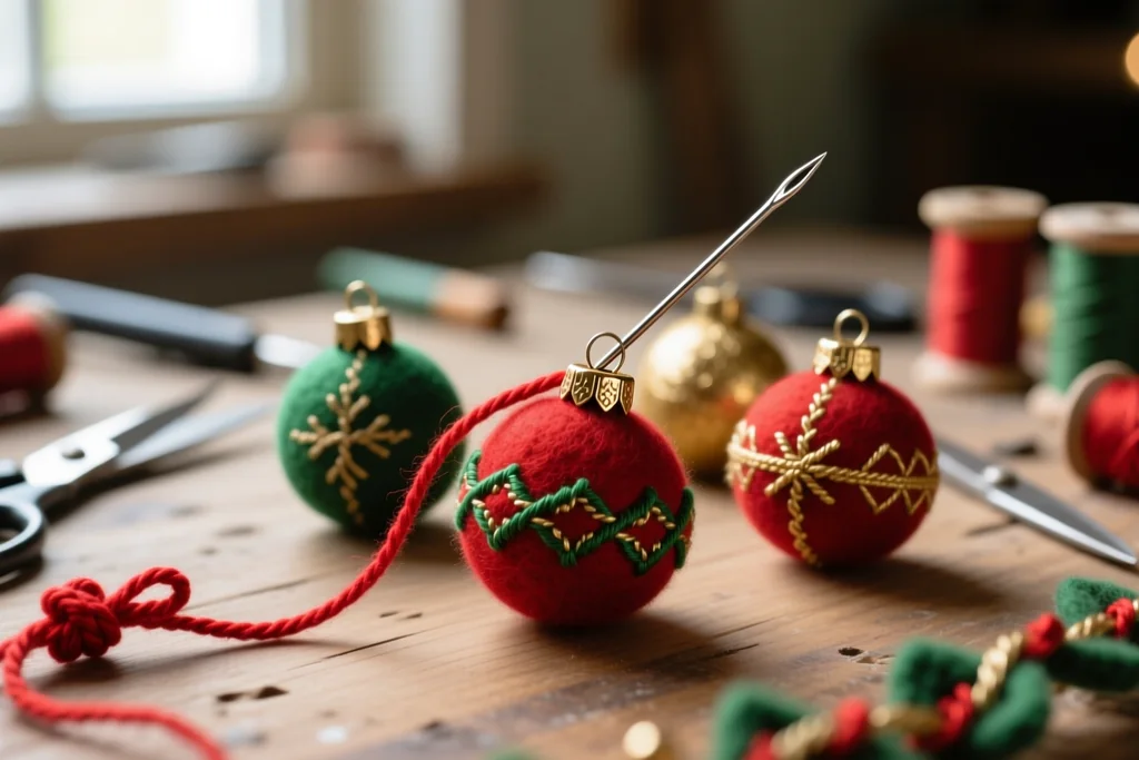 Small handmade felt Christmas ornaments with a needle and red thread on a craft table