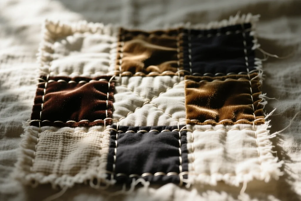 Fabric swatches in a planned palette laid out in order on a cutting mat