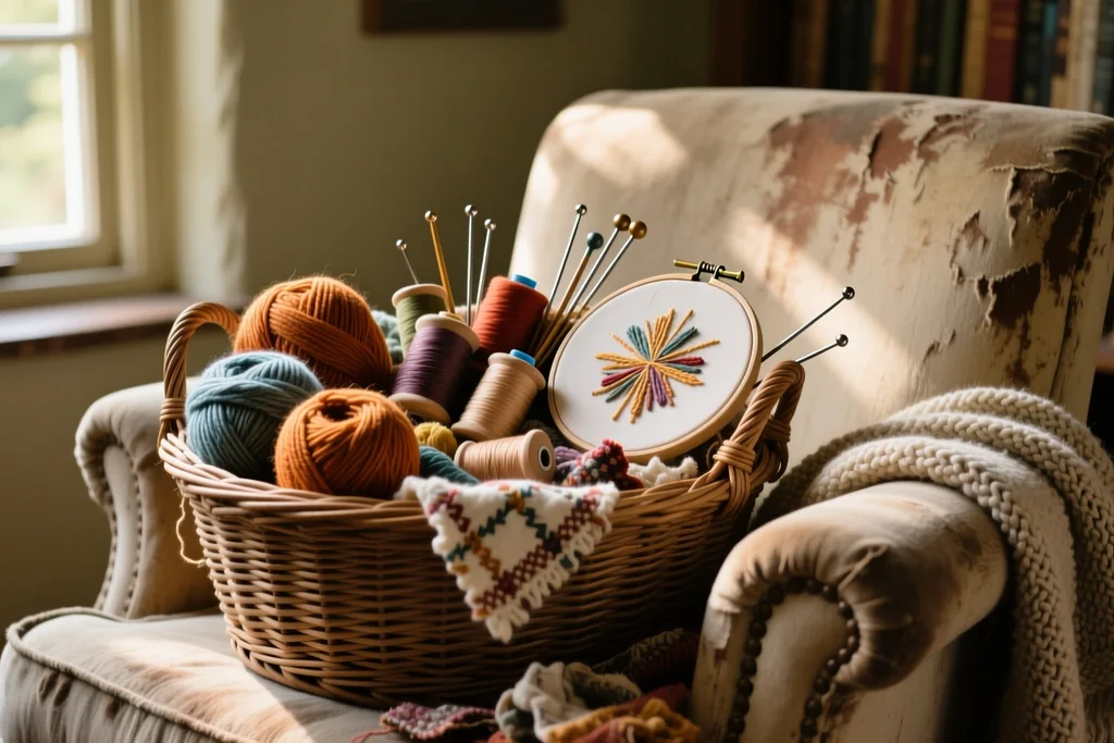 A well lit work table with fabric, glasses, thread and hands mid stitch