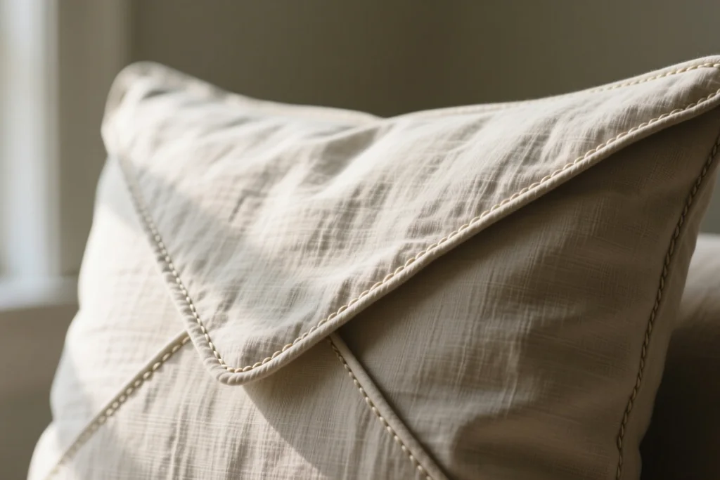A finished cushion cover on a chair beside folded fabric and a sewing machine