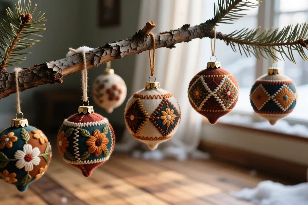 A decorated Christmas tree with fabric ornaments, warm lights and a handmade star on top