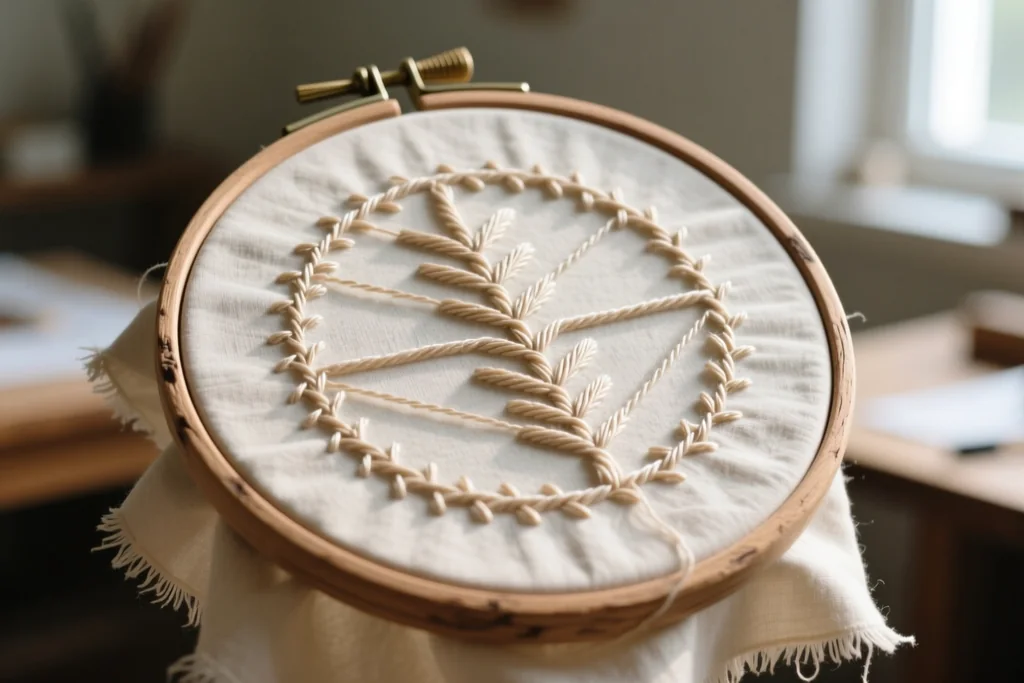 Simple embroidery stitches worked on cotton fabric beside a wooden hoop