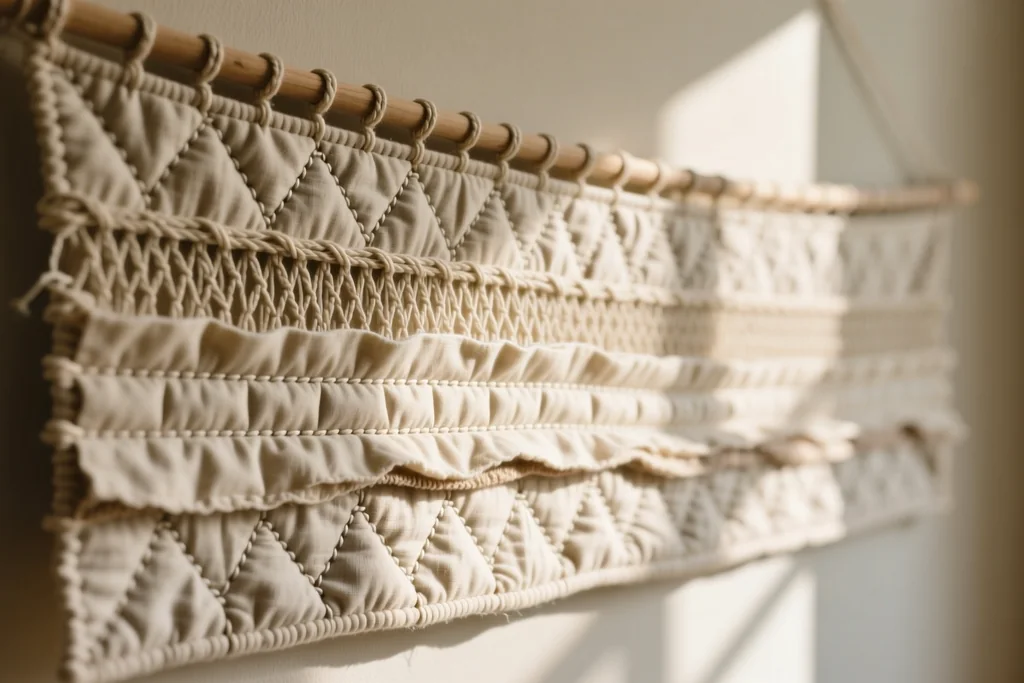Handmade fabric wall art panels hanging above a small sideboard