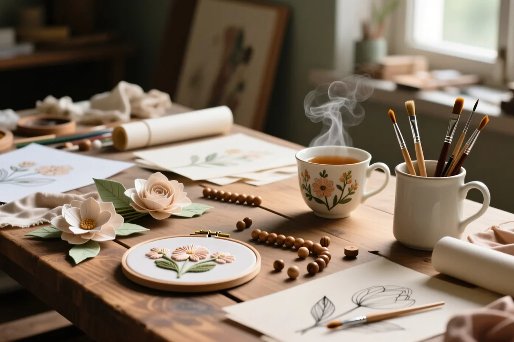 Crafters sewing and knitting together around a shared table with tea cups and fabric