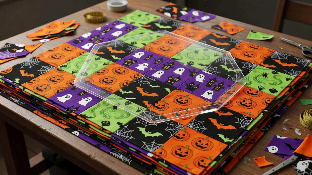 Half-hexagon template on Halloween layer cake fabrics