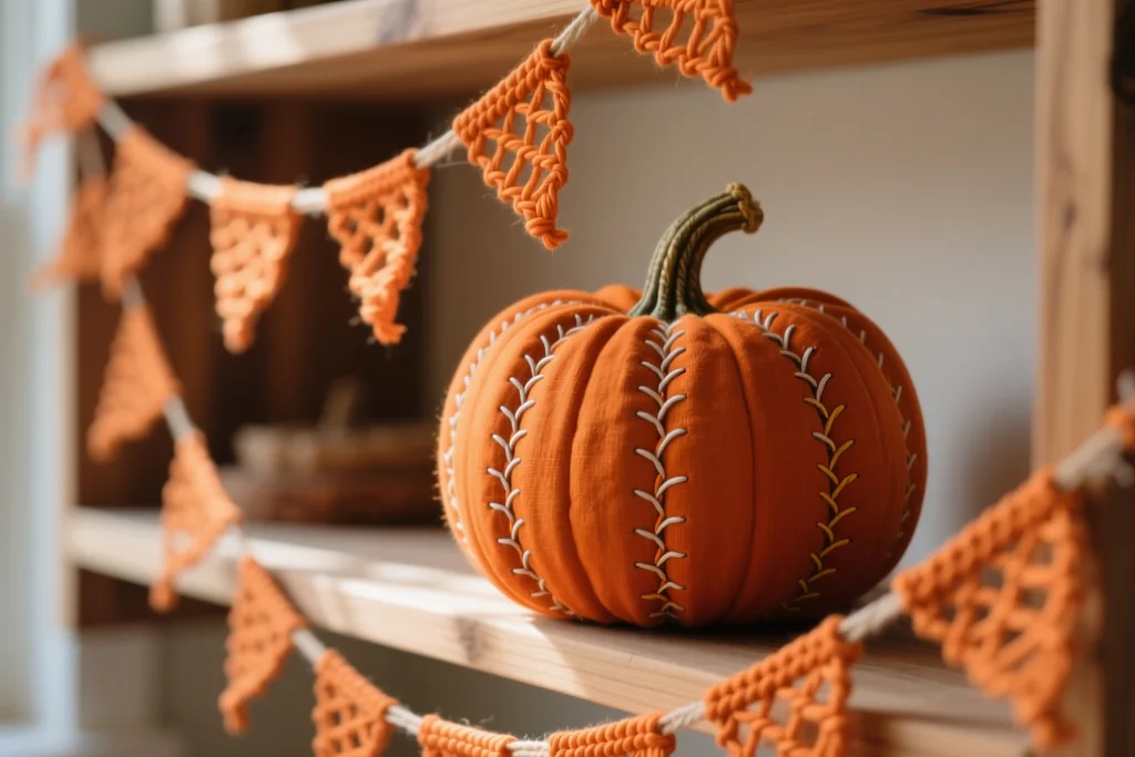 Fabric pumpkins, bunting and a quilted table runner arranged as Halloween decorations