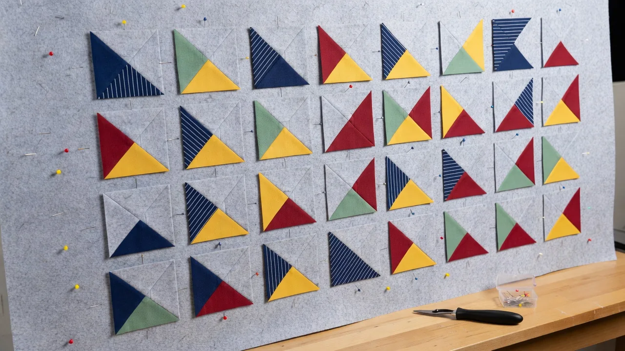 Half-square triangle blocks arranged on the design wall