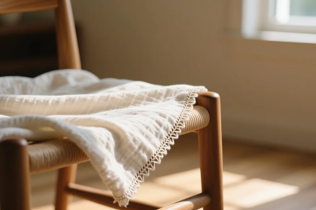 A folded lightweight mini blanket draped over the arm of a chair beside a sewing machine