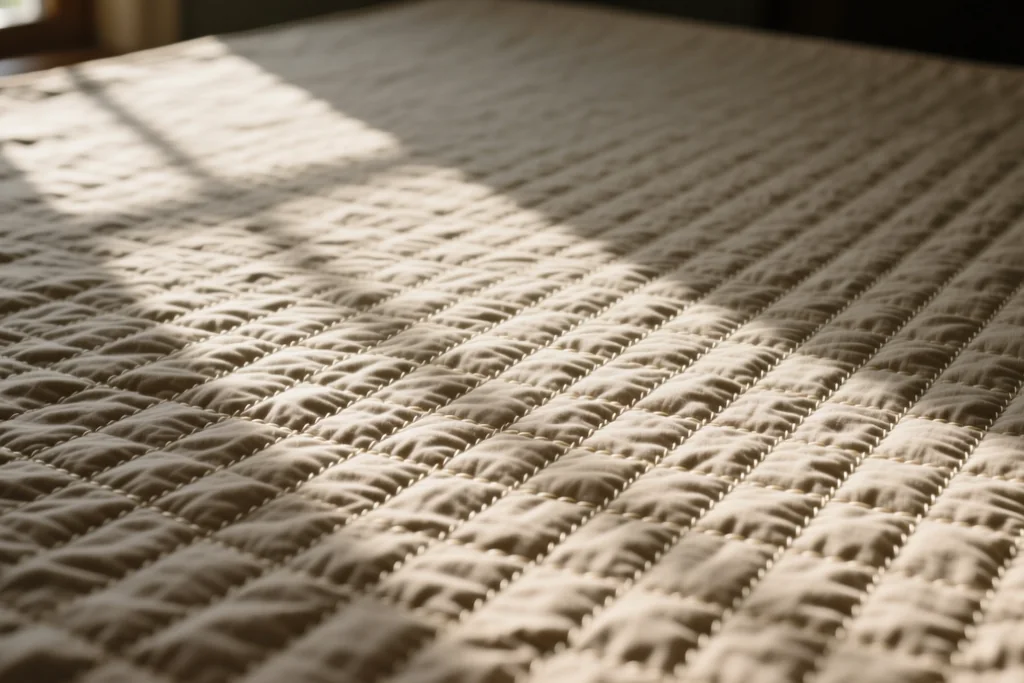 Sewing machine stitching straight lines across a quilt sandwich