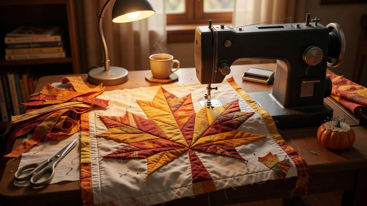 Piecing the giant maple leaf block at the sewing machine
