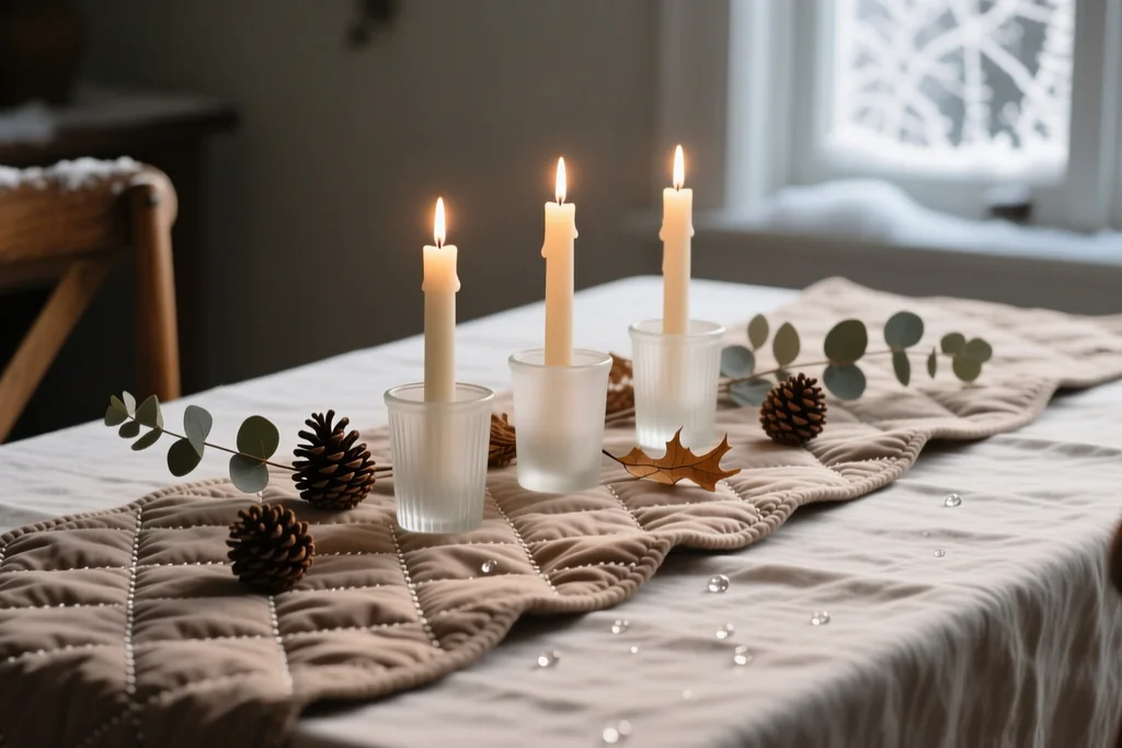 Winter table setting with a quilted runner and candles for New Year and Christmas