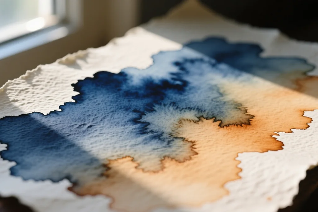Wet-on-wet watercolour wash spreading on textured paper beside a water jar