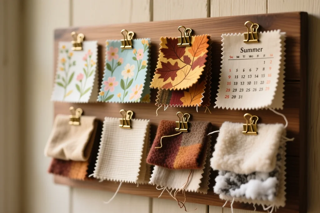 A wall calendar beside folded seasonal fabrics, thread spools and a small basket of projects