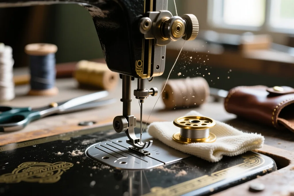 A sewing machine being cleaned with a small brush beside a tin of oil and spare needles