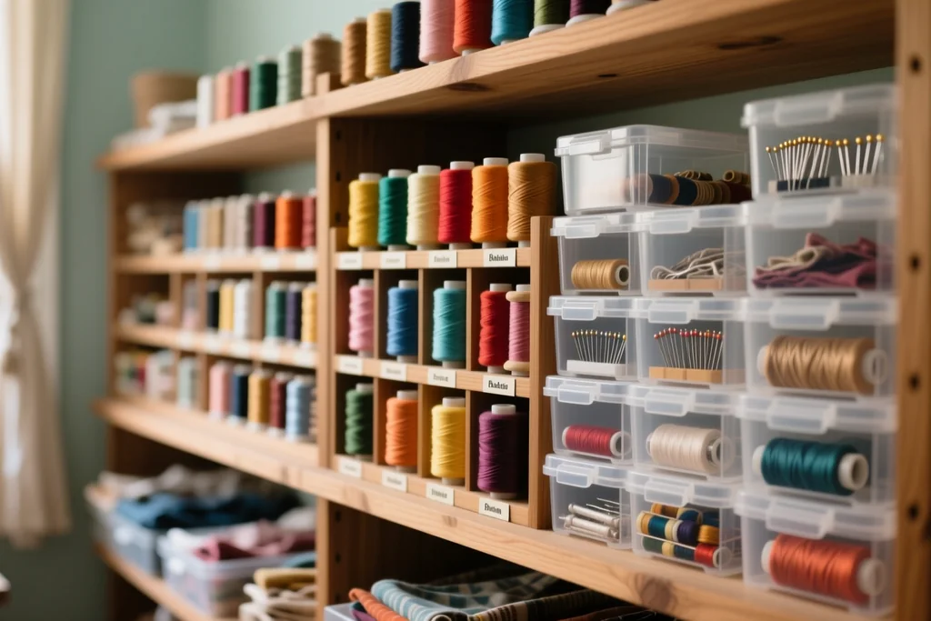 A compact sewing corner with a machine on a small table beside a window and stacked storage boxes