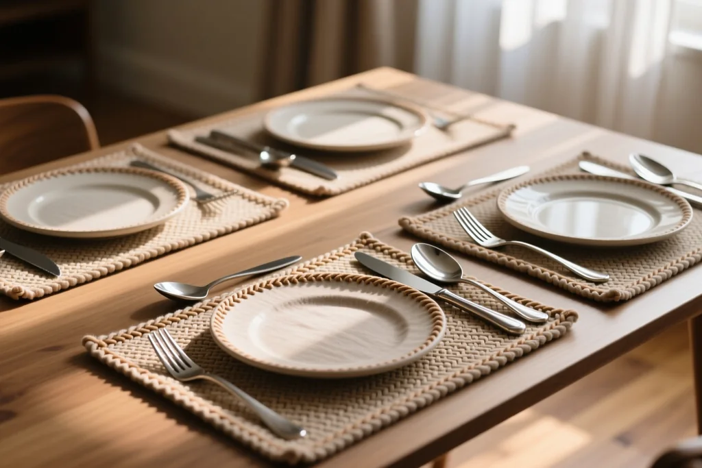 A quilted table runner and matching placemats laid on a dining table