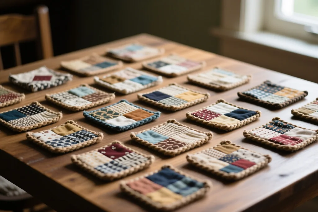 Sorted piles of fabric scraps on a table with scissors, a small patchwork mat and a basket